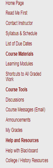 Title: Course Menu  - Description: Provides explanations for items on the left menu on Blackboard. 